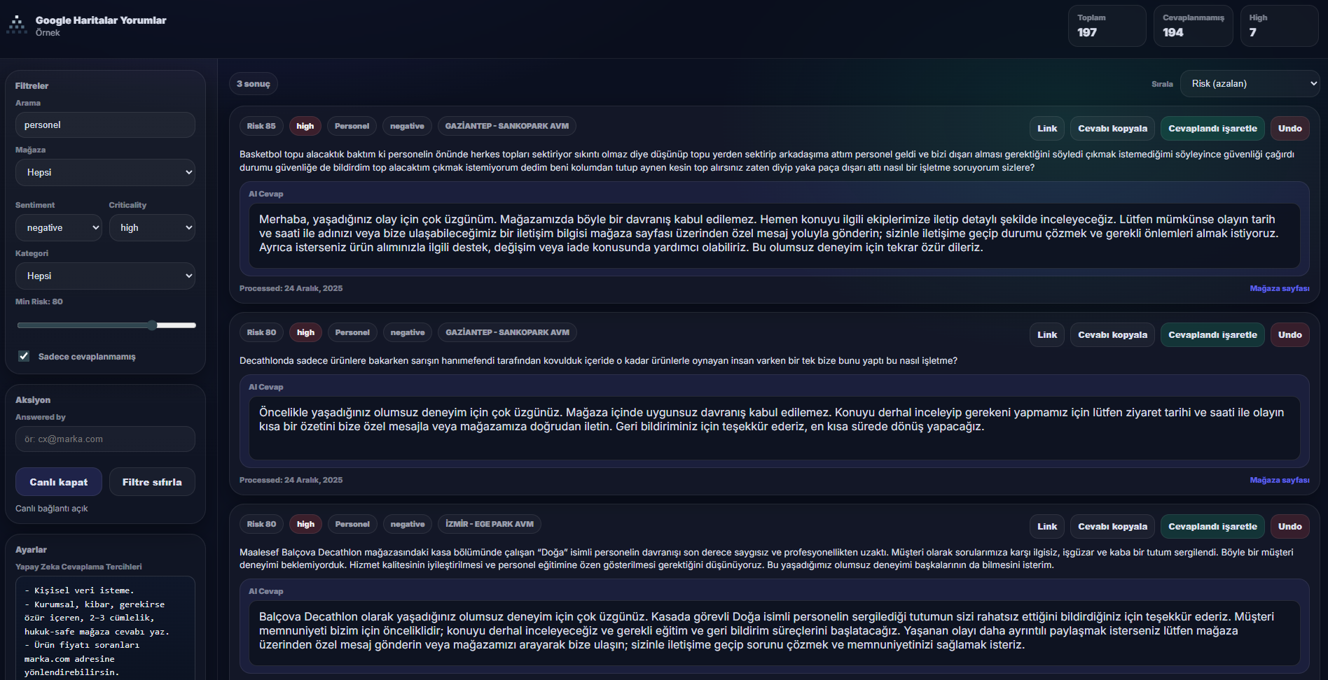 Online yorumlar yönetimi ekranı